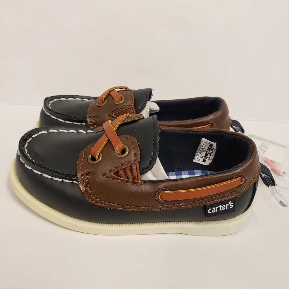 NEW Carters Navy & Brown Boat Shoes Slip On Loafers Toddler Boys Size 7c